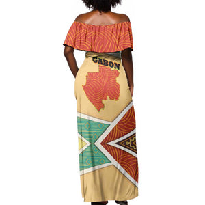 Gabon Off Shoulder Maxi Dress - National Coat of Arms and Tribal Pattern Map Design in Bold Colors