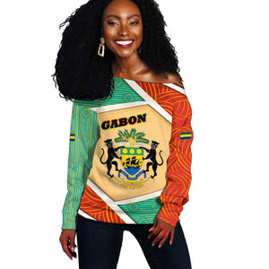 Gabon Off Shoulder Sweater - National Coat of Arms and Tribal Pattern Map Design in Bold Colors