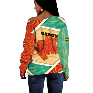 Gabon Off Shoulder Sweater - National Coat of Arms and Tribal Pattern Map Design in Bold Colors