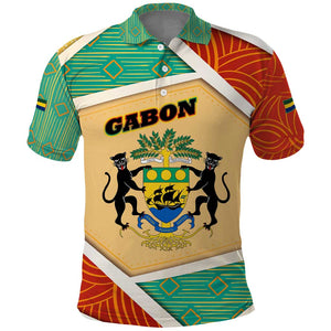 Gabon Polo Shirt - National Coat of Arms and Tribal Pattern Map Design in Bold Colors