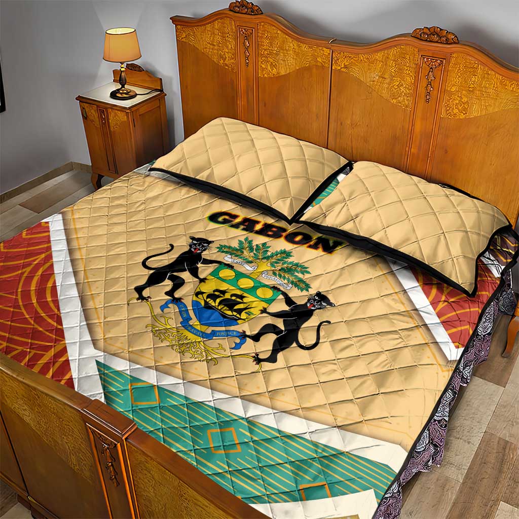 Gabon Quilt Bed Set - National Coat of Arms and Tribal Pattern Map Design in Bold Colors