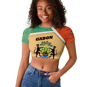 Gabon Raglan Cropped T shirt - National Coat of Arms and Tribal Pattern Map Design in Bold Colors