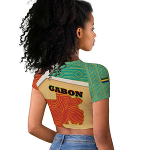 Gabon Raglan Cropped T shirt - National Coat of Arms and Tribal Pattern Map Design in Bold Colors