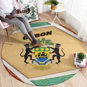 Gabon Round Carpet - National Coat of Arms and Tribal Pattern Map Design in Bold Colors