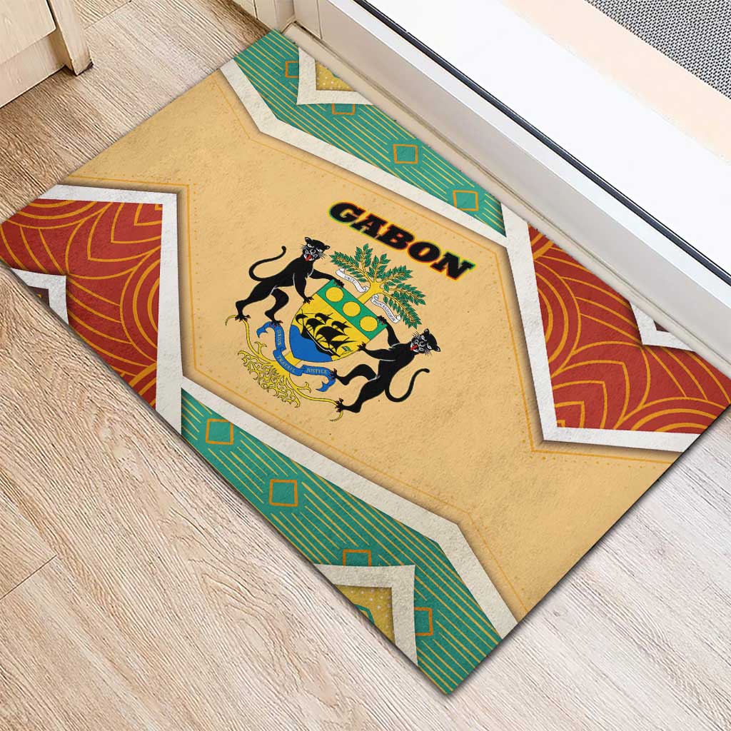 Gabon Rubber Doormat - National Coat of Arms and Tribal Pattern Map Design in Bold Colors