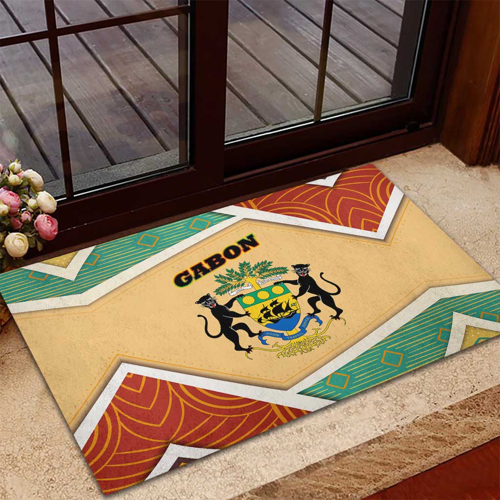 Gabon Rubber Doormat - National Coat of Arms and Tribal Pattern Map Design in Bold Colors