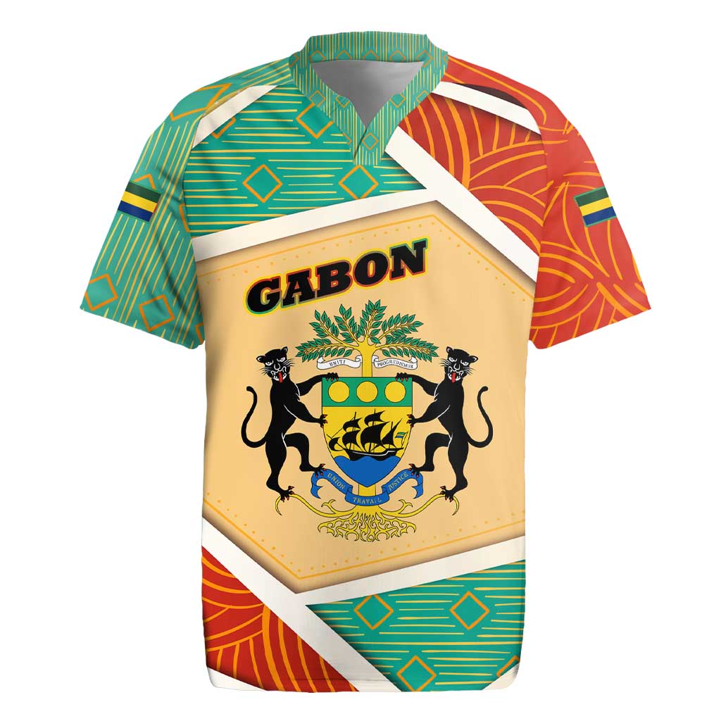 Gabon Rugby Jersey - National Coat of Arms and Tribal Pattern Map Design in Bold Colors