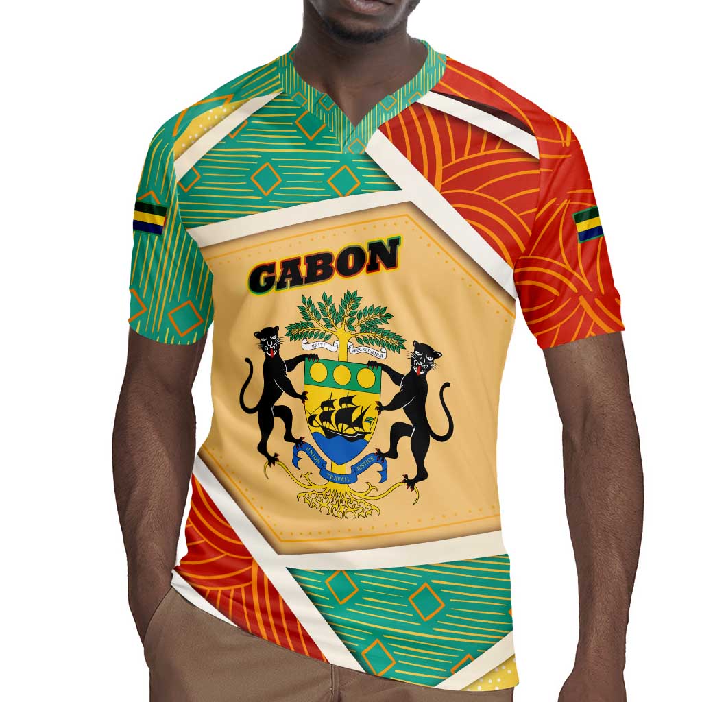 Gabon Rugby Jersey - National Coat of Arms and Tribal Pattern Map Design in Bold Colors