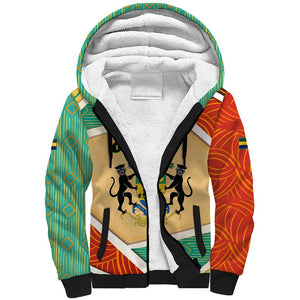 Gabon Sherpa Hoodie - National Coat of Arms and Tribal Pattern Map Design in Bold Colors