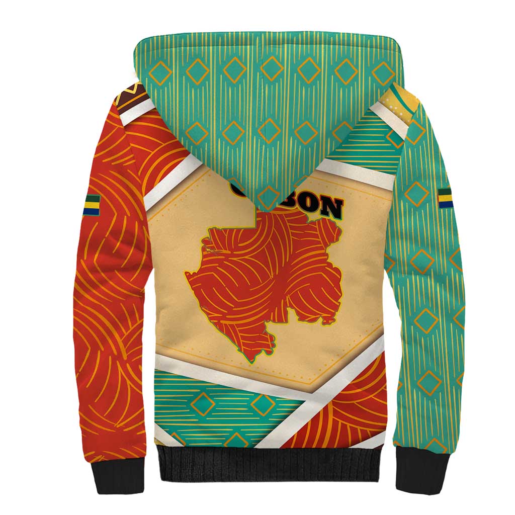 Gabon Sherpa Hoodie - National Coat of Arms and Tribal Pattern Map Design in Bold Colors
