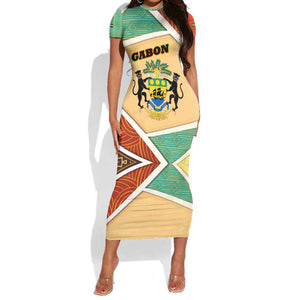 Gabon Short Sleeve Bodycon Dress - National Coat of Arms and Tribal Pattern Map Design in Bold Colors