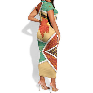 Gabon Short Sleeve Bodycon Dress - National Coat of Arms and Tribal Pattern Map Design in Bold Colors