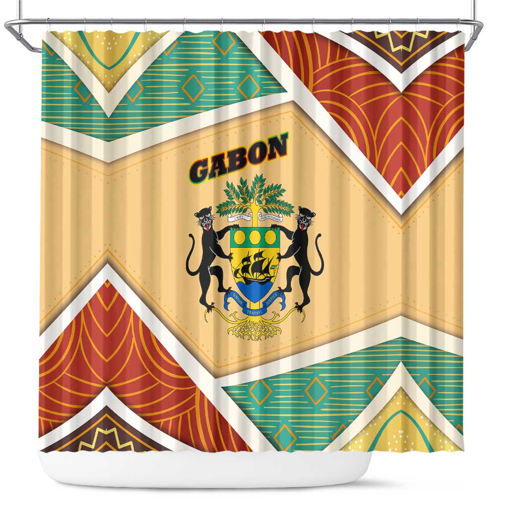 Gabon Shower Curtain - National Coat of Arms and Tribal Pattern Map Design in Bold Colors