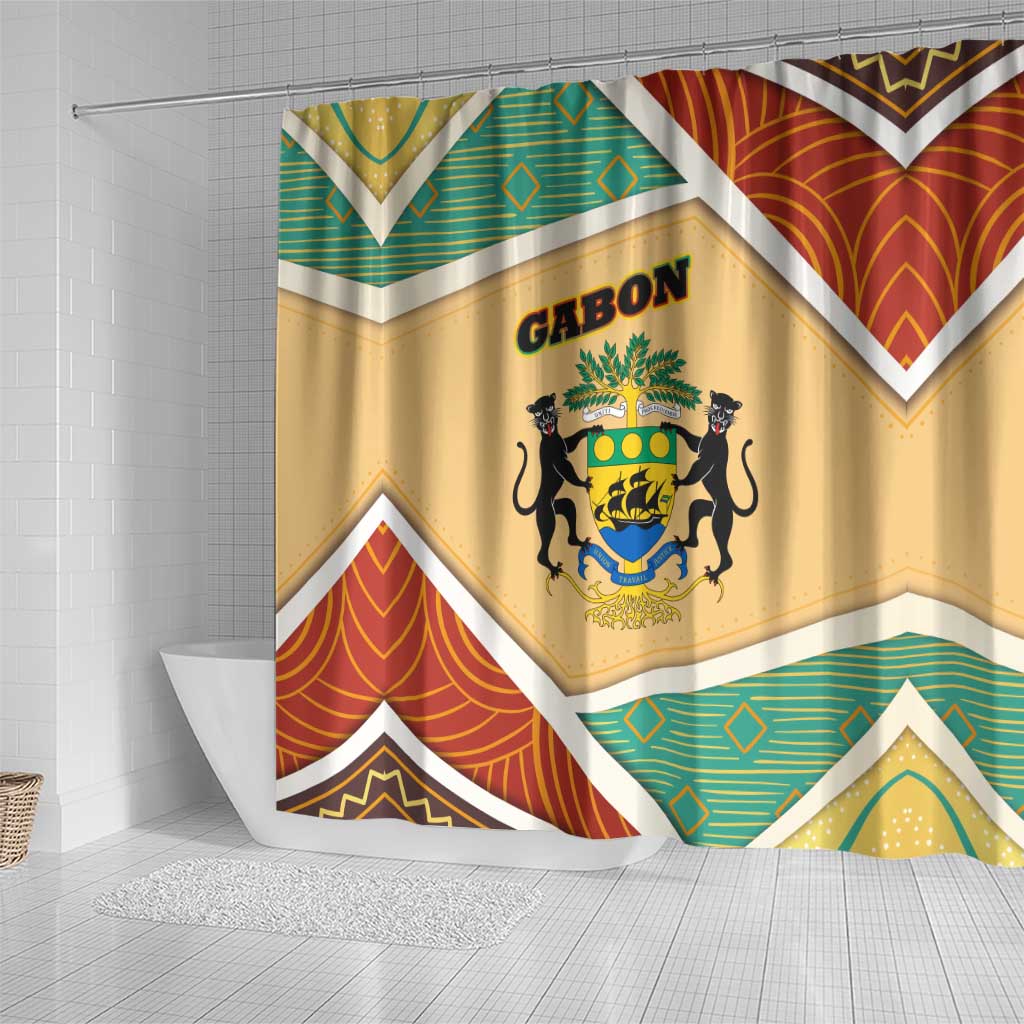 Gabon Shower Curtain - National Coat of Arms and Tribal Pattern Map Design in Bold Colors