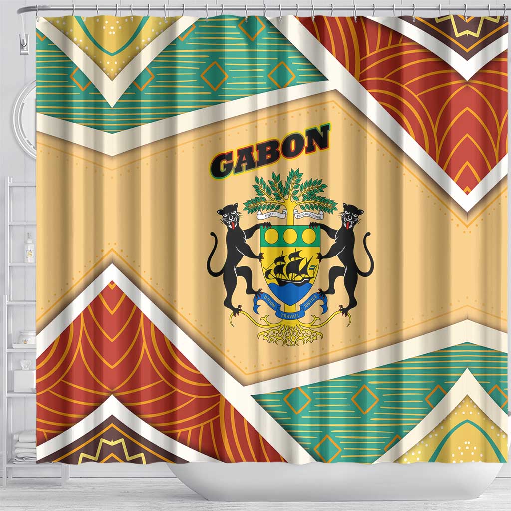 Gabon Shower Curtain - National Coat of Arms and Tribal Pattern Map Design in Bold Colors