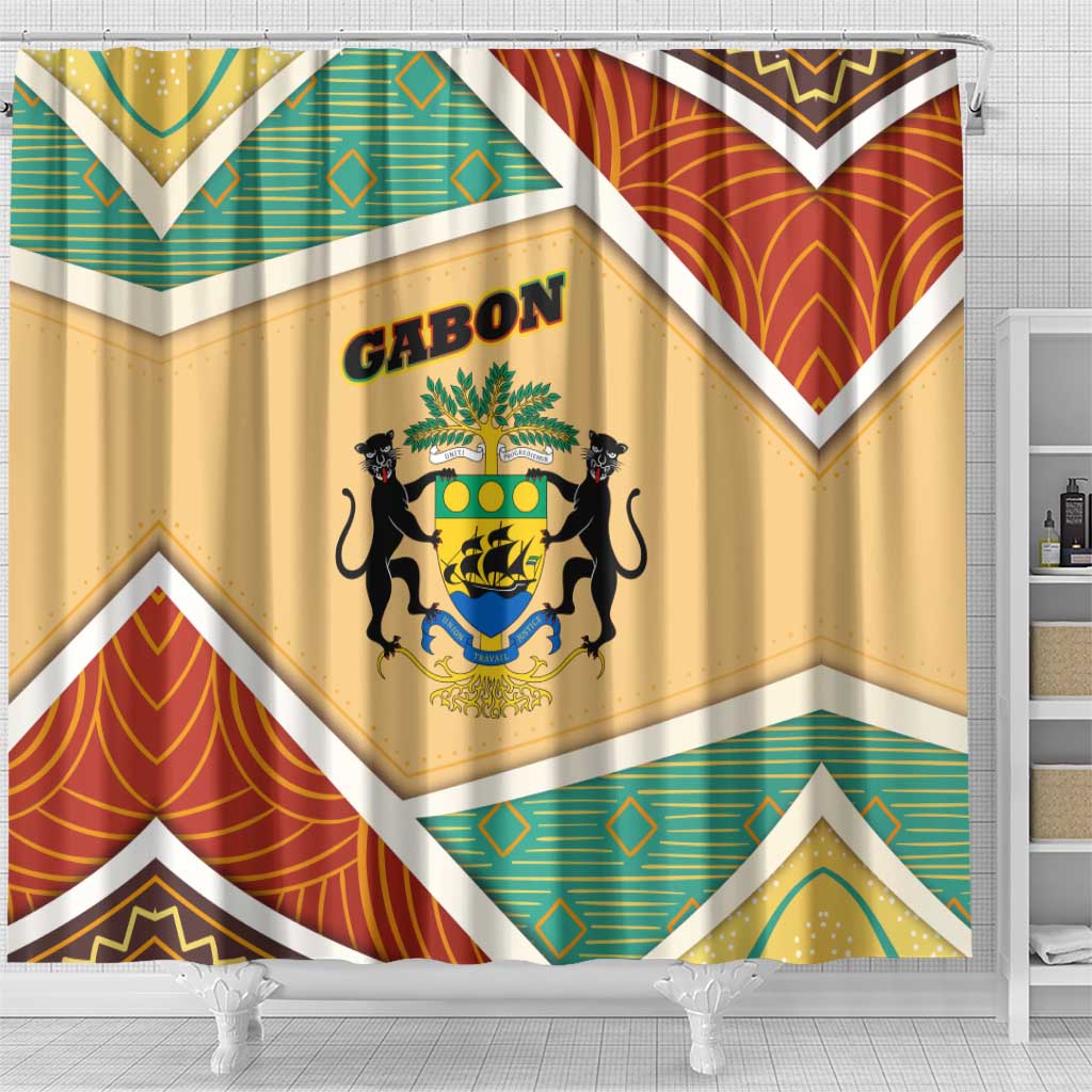 Gabon Shower Curtain - National Coat of Arms and Tribal Pattern Map Design in Bold Colors