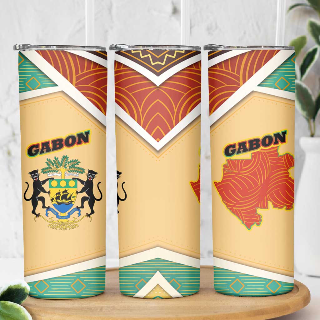 Gabon Skinny Tumbler - National Coat of Arms and Tribal Pattern Map Design in Bold Colors