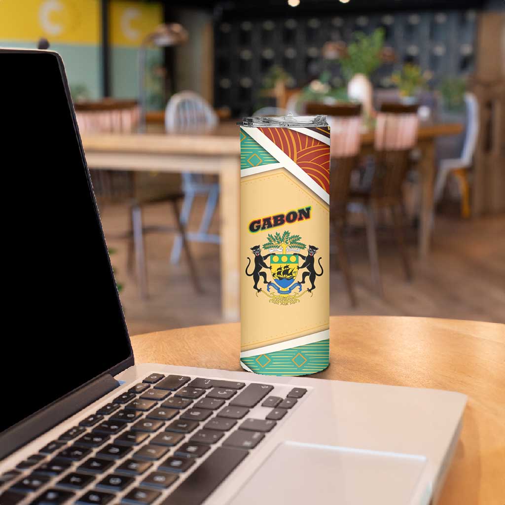 Gabon Skinny Tumbler - National Coat of Arms and Tribal Pattern Map Design in Bold Colors
