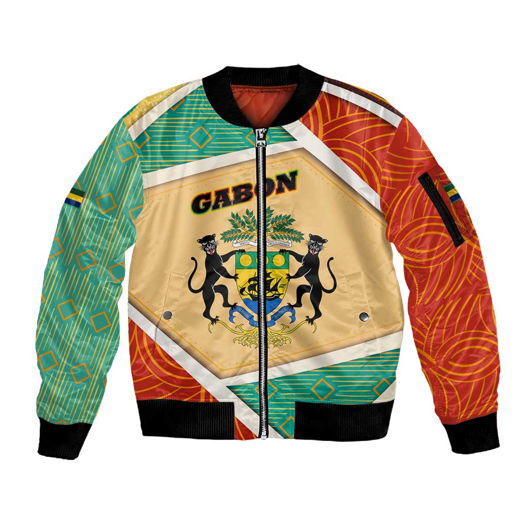 Gabon Sleeve Zip Bomber Jacket - National Coat of Arms and Tribal Pattern Map Design in Bold Colors