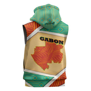 Gabon Sleeveless Hoodie - National Coat of Arms and Tribal Pattern Map Design in Bold Colors - African Pride