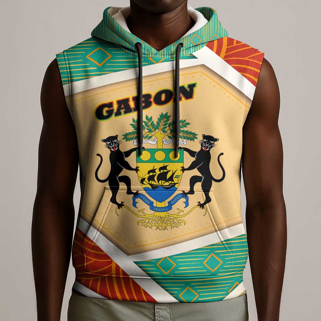 Gabon Sleeveless Hoodie - National Coat of Arms and Tribal Pattern Map Design in Bold Colors - African Pride