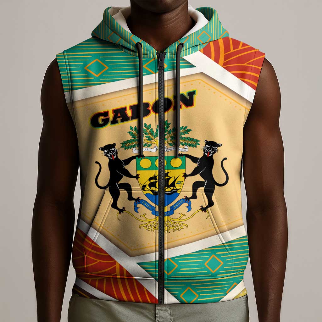 Gabon Sleeveless Zip Hoodie - National Coat of Arms and Tribal Pattern Map Design in Bold Colors - African Pride