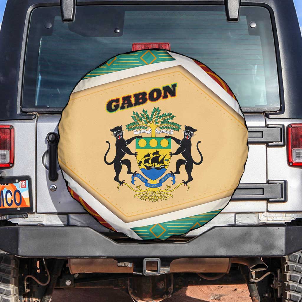 Gabon Spare Tire Cover - National Coat of Arms and Tribal Pattern Map Design in Bold Colors