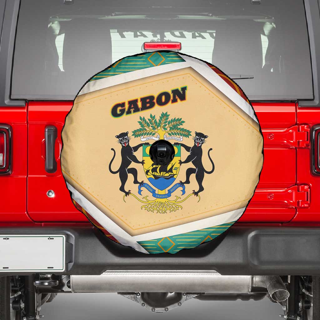 Gabon Spare Tire Cover - National Coat of Arms and Tribal Pattern Map Design in Bold Colors