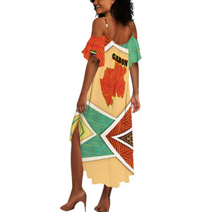 Gabon Summer Maxi Dress - National Coat of Arms and Tribal Pattern Map Design in Bold Colors