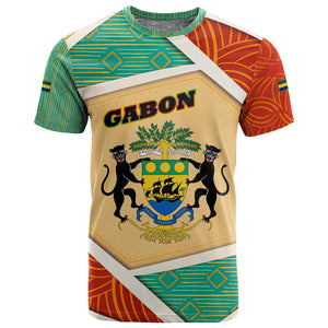 Gabon T shirt - National Coat of Arms and Tribal Pattern Map Design in Bold Colors