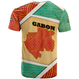 Gabon T shirt - National Coat of Arms and Tribal Pattern Map Design in Bold Colors