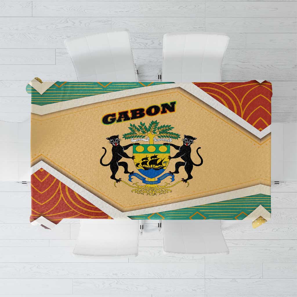 Gabon Tablecloth - National Coat of Arms and Tribal Pattern Map Design in Bold Colors