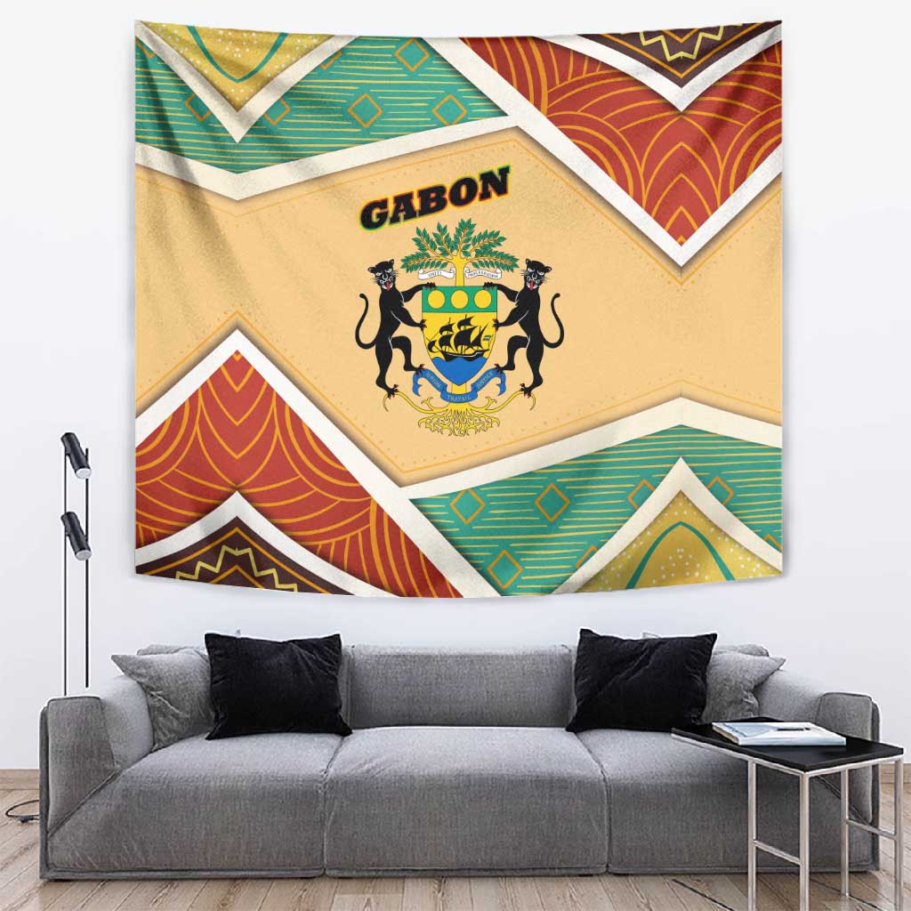 Gabon Tapestry - National Coat of Arms and Tribal Pattern Map Design in Bold Colors