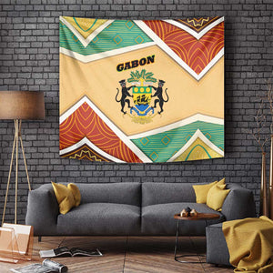 Gabon Tapestry - National Coat of Arms and Tribal Pattern Map Design in Bold Colors