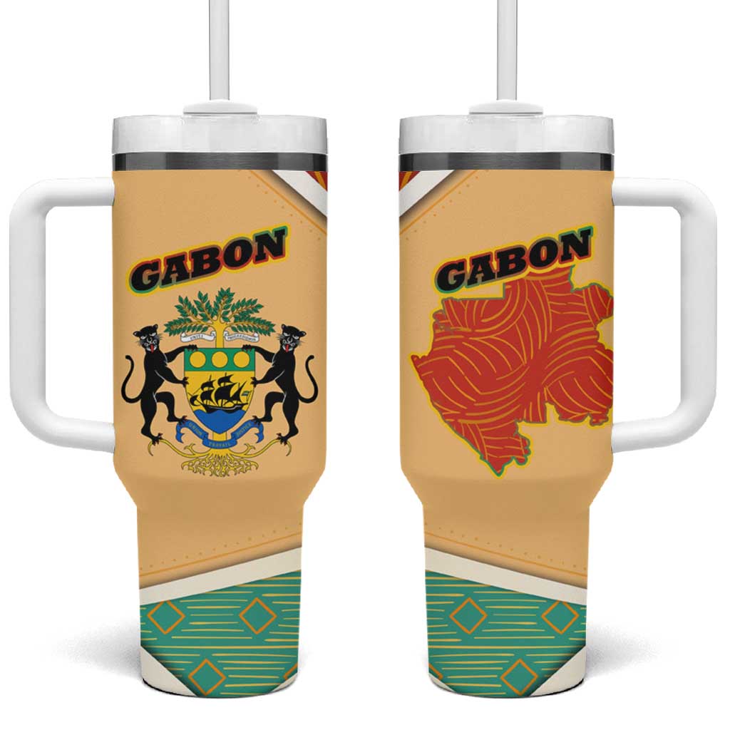 Gabon Tumbler With Handle - National Coat of Arms and Tribal Pattern Map Design in Bold Colors