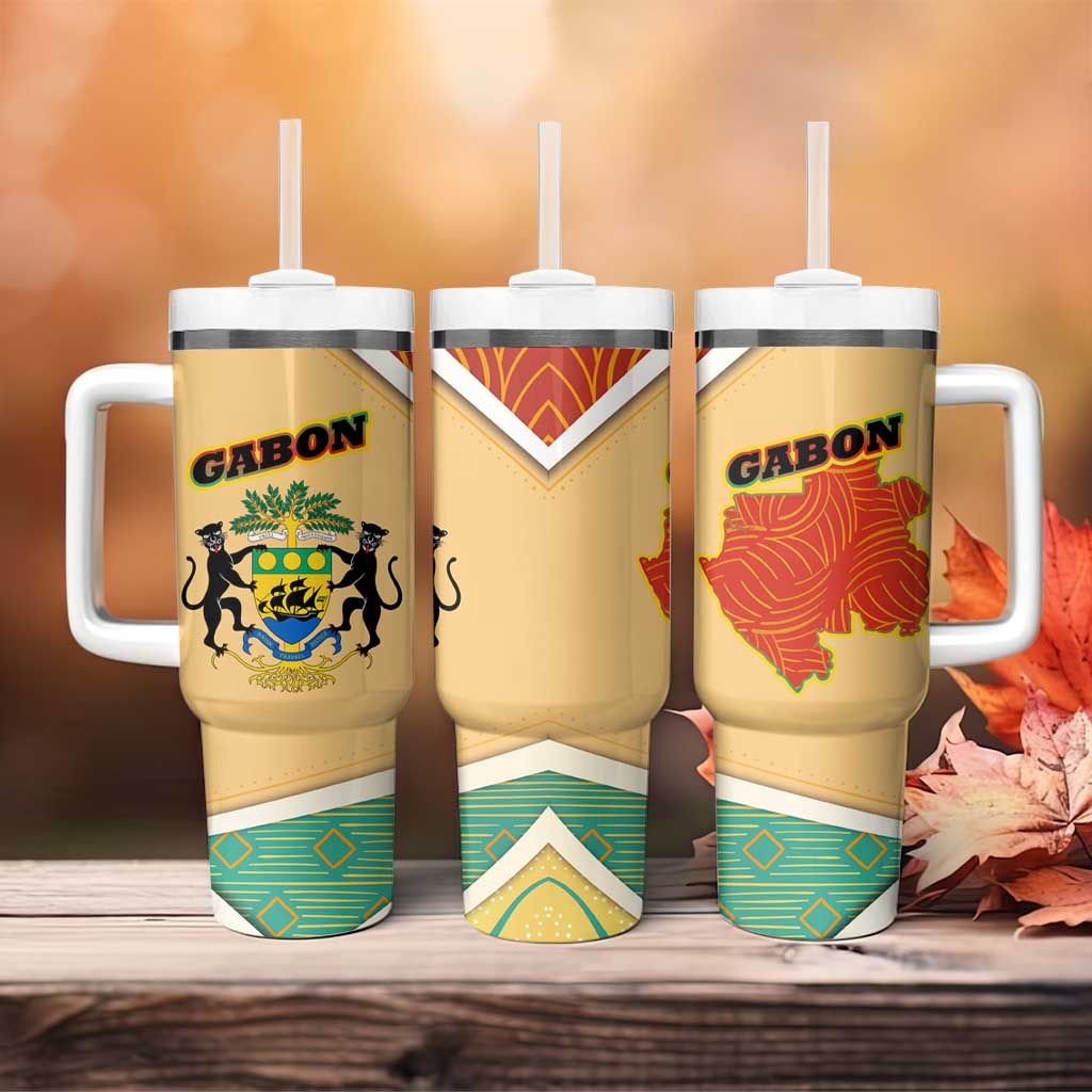 Gabon Tumbler With Handle - National Coat of Arms and Tribal Pattern Map Design in Bold Colors