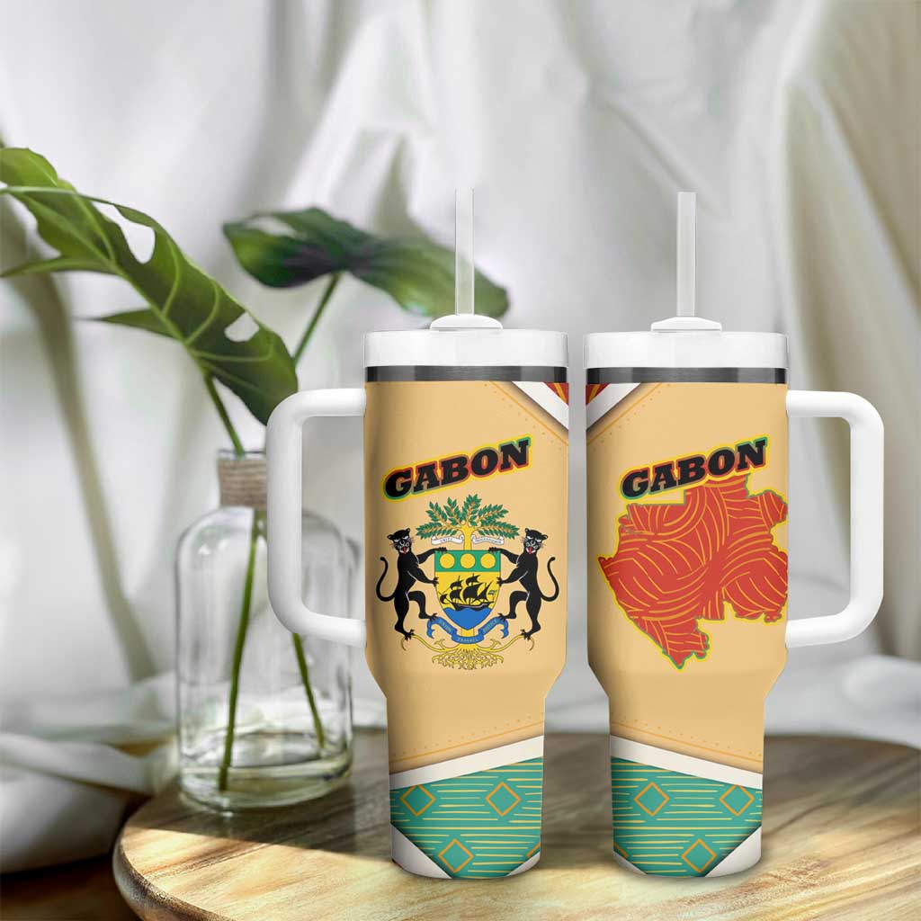 Gabon Tumbler With Handle - National Coat of Arms and Tribal Pattern Map Design in Bold Colors