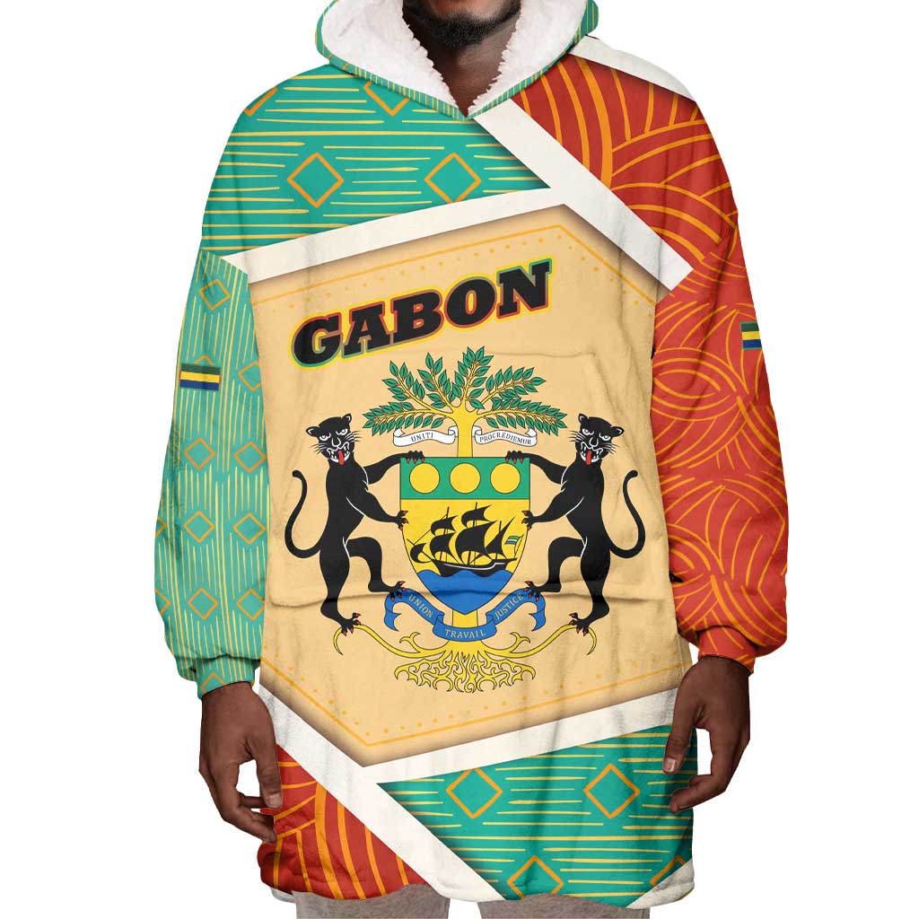 Gabon Wearable Blanket Hoodie - National Coat of Arms and Tribal Pattern Map Design in Bold Colors