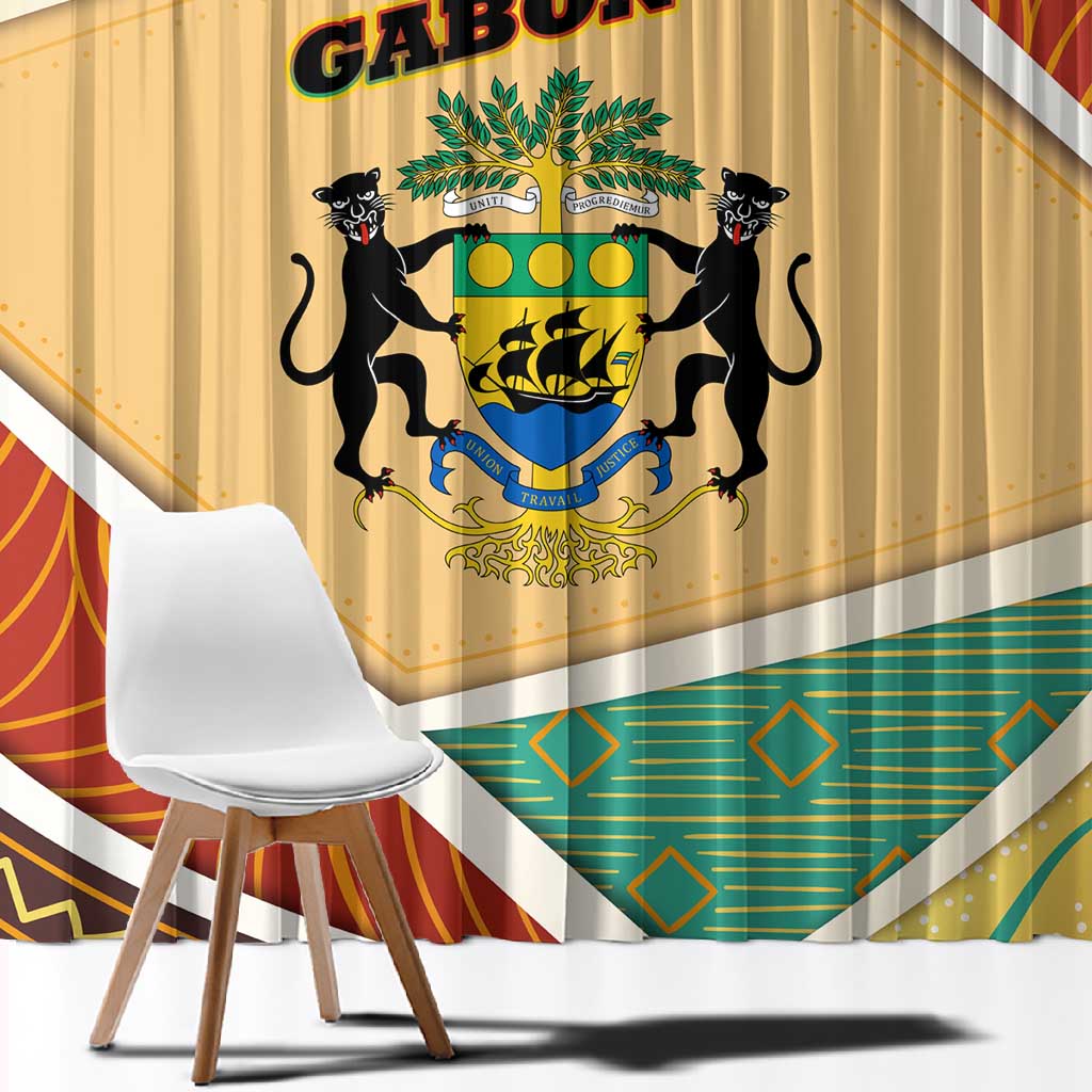 Gabon Window Curtain - National Coat of Arms and Tribal Pattern Map Design in Bold Colors