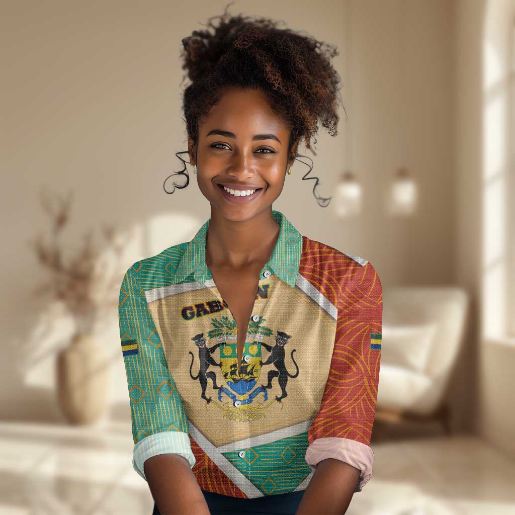 Gabon Women Casual Shirt - National Coat of Arms and Tribal Pattern Map Design in Bold Colors