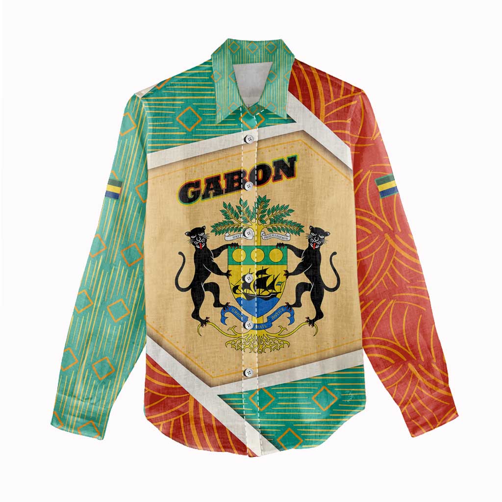 Gabon Women Casual Shirt - National Coat of Arms and Tribal Pattern Map Design in Bold Colors