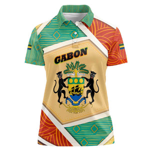Gabon Women Polo Shirt - National Coat of Arms and Tribal Pattern Map Design in Bold Colors