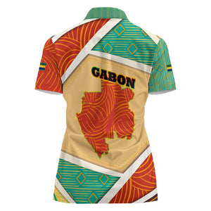 Gabon Women Polo Shirt - National Coat of Arms and Tribal Pattern Map Design in Bold Colors
