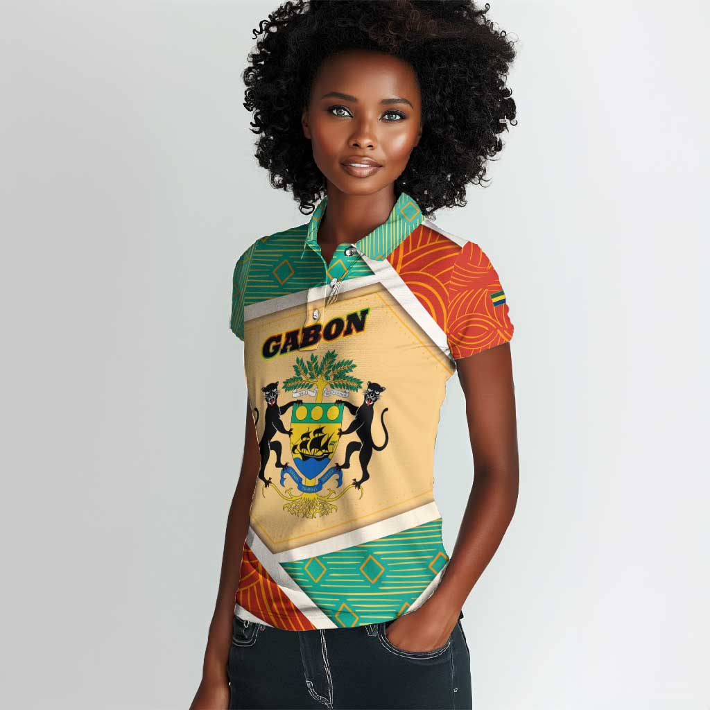 Gabon Women Polo Shirt - National Coat of Arms and Tribal Pattern Map Design in Bold Colors