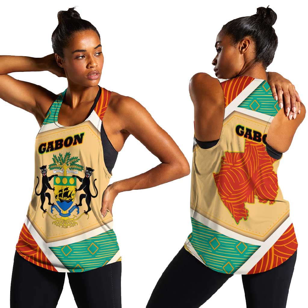 Gabon Women Racerback Tank - National Coat of Arms and Tribal Pattern Map Design in Bold Colors