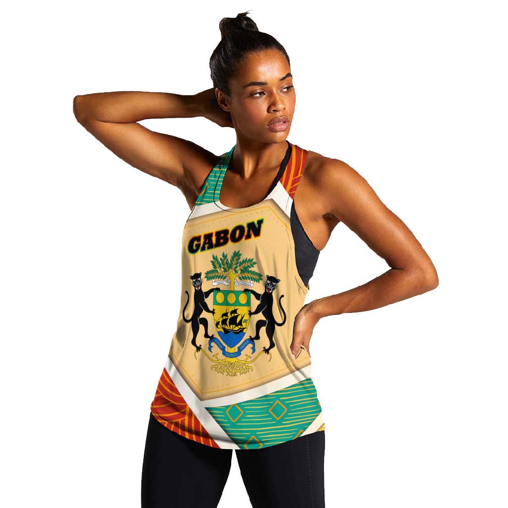 Gabon Women Racerback Tank - National Coat of Arms and Tribal Pattern Map Design in Bold Colors