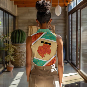 Gabon Women Sleeveless Polo Shirt - National Coat of Arms and Tribal Pattern Map Design in Bold Colors