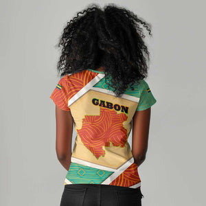 Gabon Women V-Neck T-Shirt - National Coat of Arms and Tribal Pattern Map Design in Bold Colors