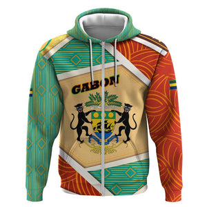 Gabon Zip Hoodie - National Coat of Arms and Tribal Pattern Map Design in Bold Colors