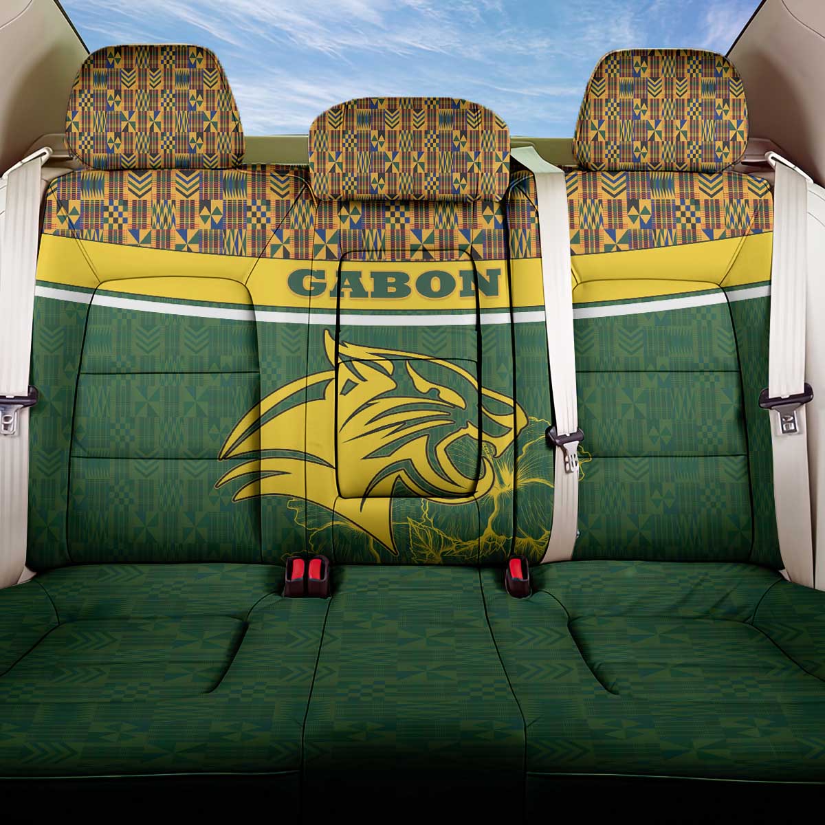 Gabon Back Car Seat Cover - Tribal Print and Fierce Panther Graphic in National Flag Colors